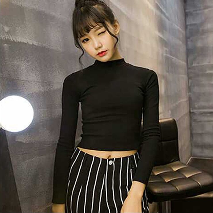 Women-Slim-Soft-Elastic-Turtleneck-Solid-Crop-Tops-Girl-Full-Sleeve-Short-T-Shirts-Tees--32771843246