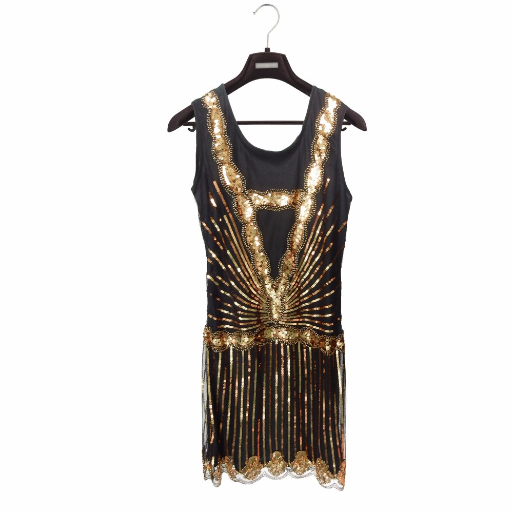 Women-Vintage-Inspired-Shining-Black-Gold-1920s-Beading-Sequin-Art-Deco-Gatsby-Flapper-Dress-Sleevel-32741291402