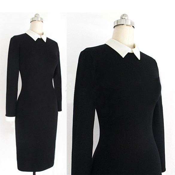 Women-Winter-Dress-Work-Wear-Brief-Black-White-Turn-Down-Collar-Patchwork-Slim-Bodycon-Long-Sleeve-K-32257334445