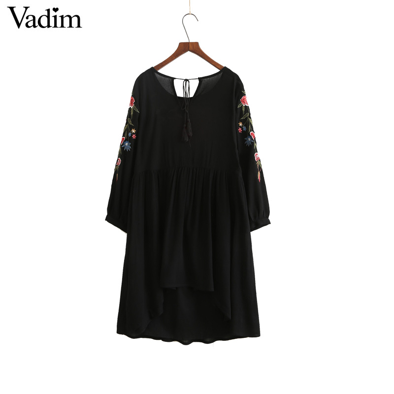 Women-vintage-flower-embroidery-black-dress-o-neck-with-tie-pleated-mujer-Faldas-summer-beach-casual-32799727901