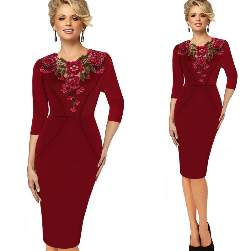 Womens-Crochet-Bodycon-Female-Stylish-Elegant-Applique-embroidery-34-Sleeve-Sheath-V-neck-Work-Offic-32802183000