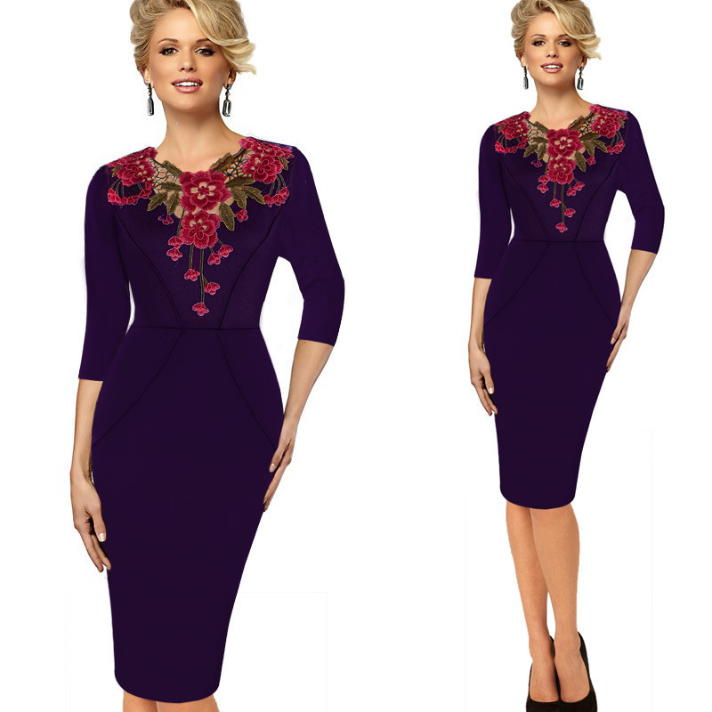 Womens-Crochet-Bodycon-Female-Stylish-Elegant-Applique-embroidery-34-Sleeve-Sheath-V-neck-Work-Offic-32802183000