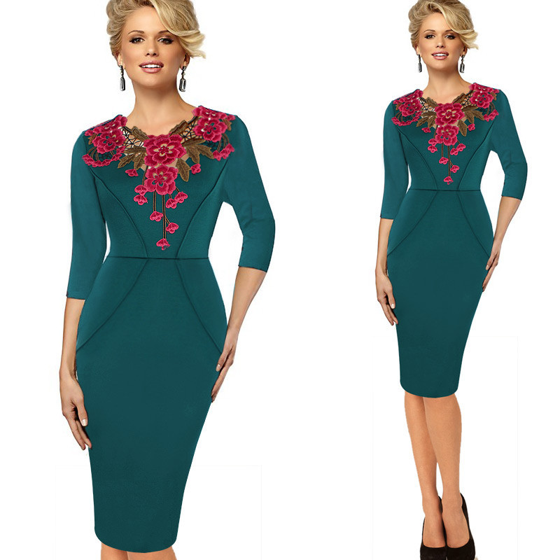 Womens-Crochet-Bodycon-Female-Stylish-Elegant-Applique-embroidery-34-Sleeve-Sheath-V-neck-Work-Offic-32802183000