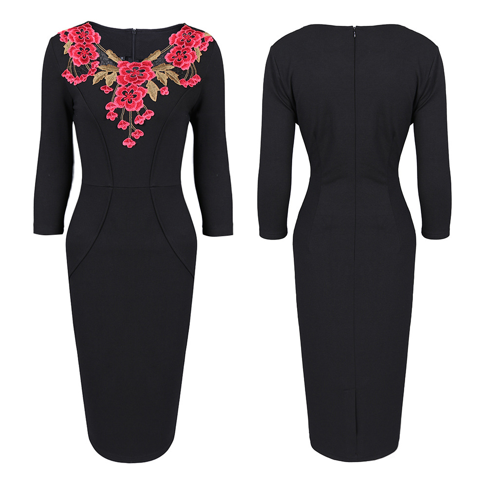 Womens-Crochet-Bodycon-Female-Stylish-Elegant-Applique-embroidery-34-Sleeve-Sheath-V-neck-Work-Offic-32802183000