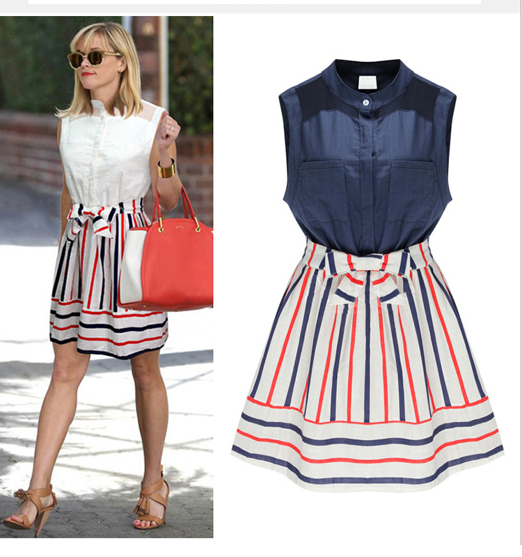 Womens-Summer-Style-Fashion-Stand-Collar-Stripes-Spell-Color-Slim-Sleeveless-Dress-Plus-Size-PA3251-32639779851