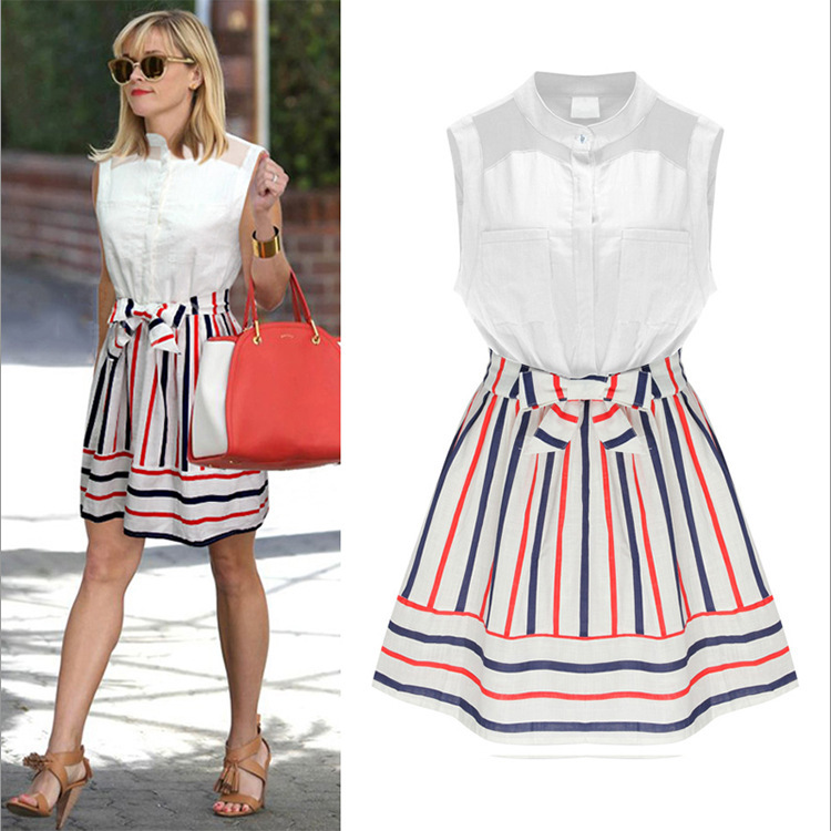 Womens-Summer-Style-Fashion-Stand-Collar-Stripes-Spell-Color-Slim-Sleeveless-Dress-Plus-Size-PA3251-32639779851