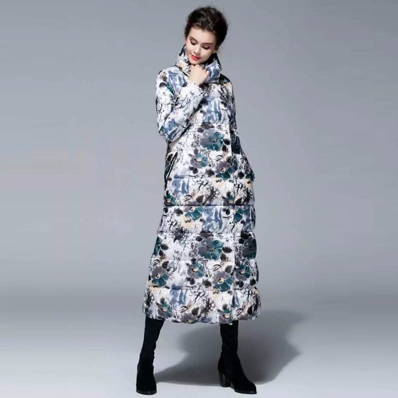 X-Long-Down-2016-New-Fashion-Autumn-and-Winter-New-Wide-Waisted-Long-Sleeve-Covered-Button-Floral-Pr-32522517540