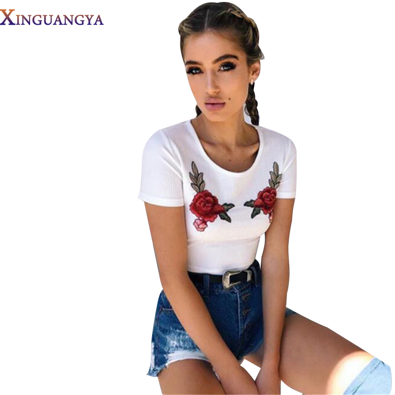 XINGUANGYA-2017-Summer-Women-Short-Sleeve-Flower-Embroidery-T-shirt-Tops-Sexy-Slim-Crop-Top-Tee-Shir-32800290525