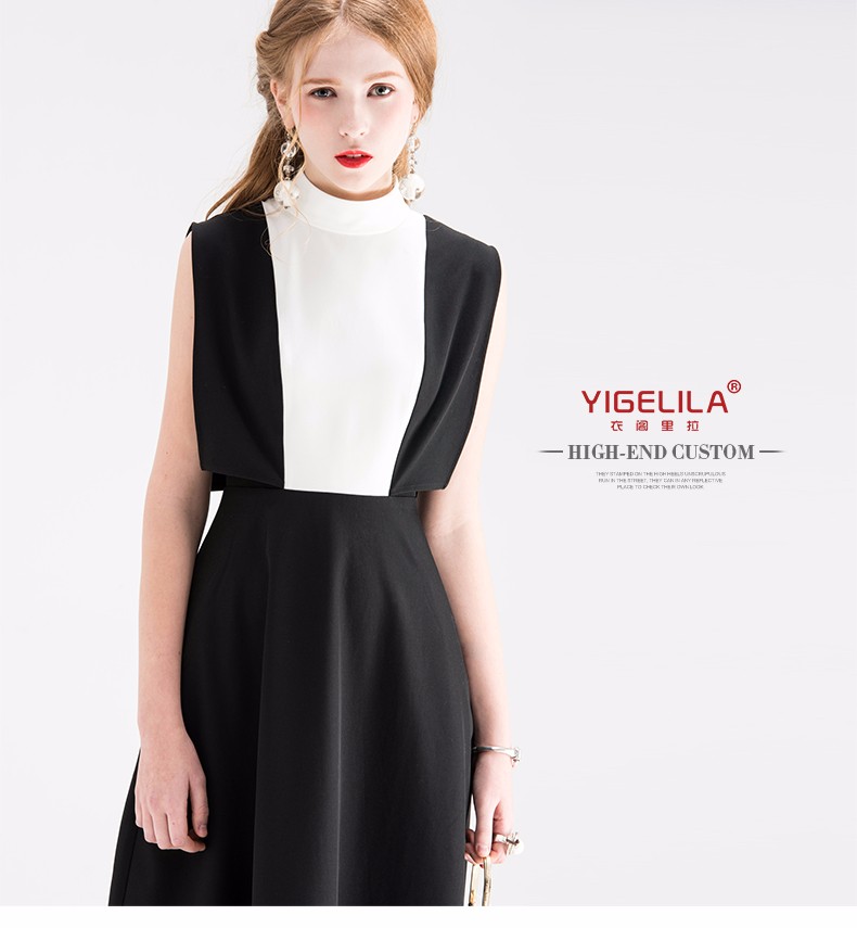 YIGELILA-61354-Latest-Women-Elegant-Stand-Neck-Black-White-Patchwork-Sleeveless-A-line-Knee-length-W-32610200071