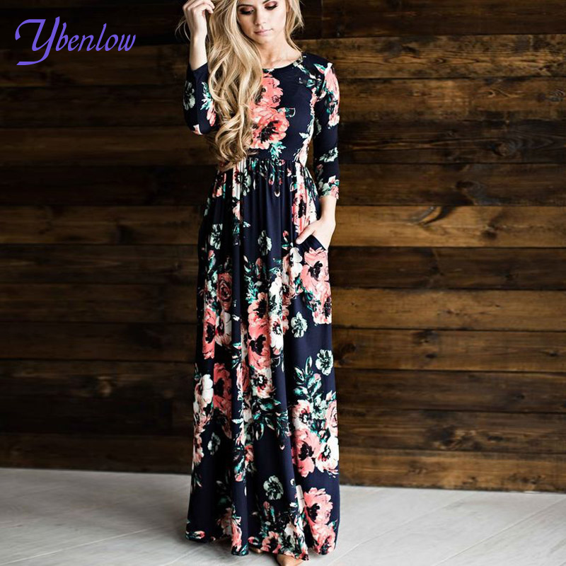 Ybenlow-2017-Women-Dresses-Long-Fashion-Printed-Maxi-Dress-O-neck-Three-Quarter-Sleeve-Empire-Flower-32790666089