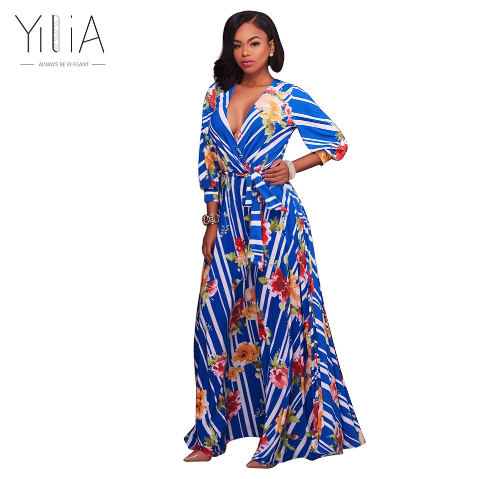 Yilia-2017-Long-Dress-Women-Casual-Summer-Stripe-Floral-Print-Deep-V-Neck-Floor-Length-Puff-Sleeve-S-32786407271