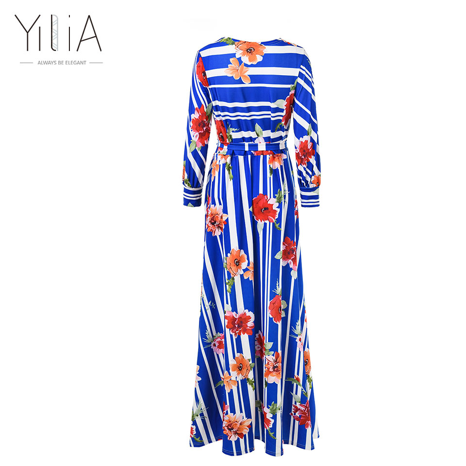 Yilia-2017-Long-Dress-Women-Casual-Summer-Stripe-Floral-Print-Deep-V-Neck-Floor-Length-Puff-Sleeve-S-32786407271