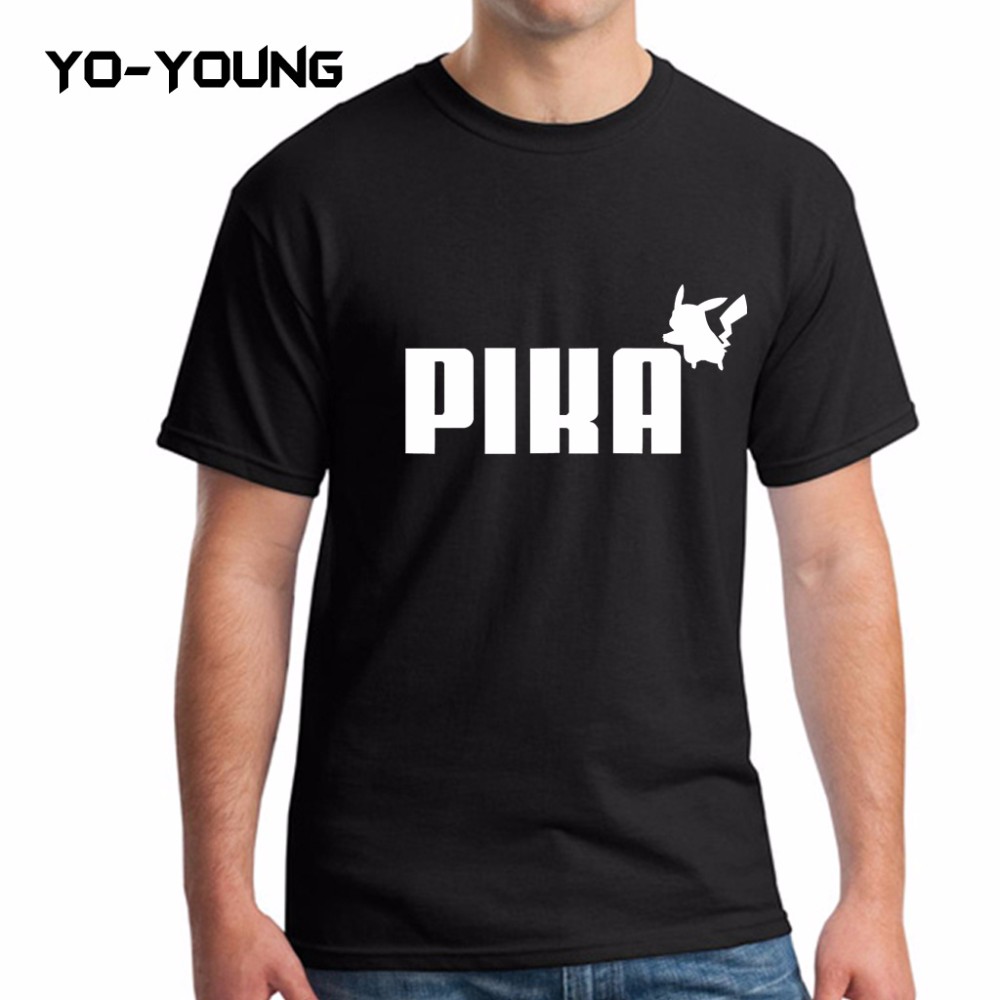 Yo-Young-Men-T-Shirts-Spoof-LOGO-POKEMON-Pika-GO-Golden-PU-Printed-100-180g-Combed-Cotton-Casual-Fun-32652808480