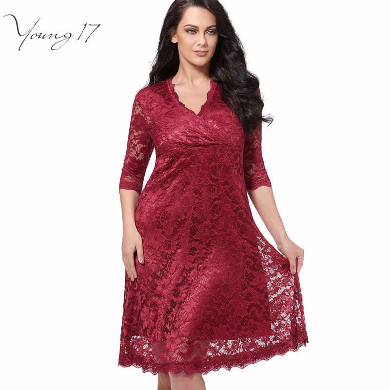 Young17-Plus-Size-Lace-Dress-Women-Sexy-V-Neck-Half-Sleeve-A-line-Party-gown-Knee-Length-large-size--32758323231