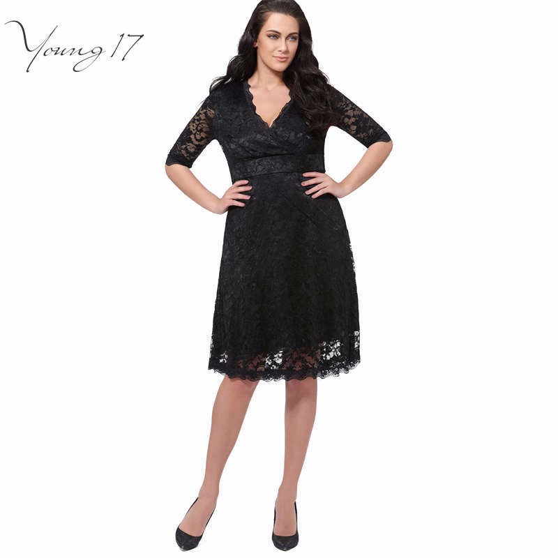 Young17-Plus-Size-Lace-Dress-Women-Sexy-V-Neck-Half-Sleeve-A-line-Party-gown-Knee-Length-large-size--32758323231