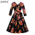 ZAFUL-2017New-34-Cuff-Sleeves-Women-Rose-Flower-Print-Vintage-Dress-Party-Prom-Swing-Rockabilly-Retr-32772977711