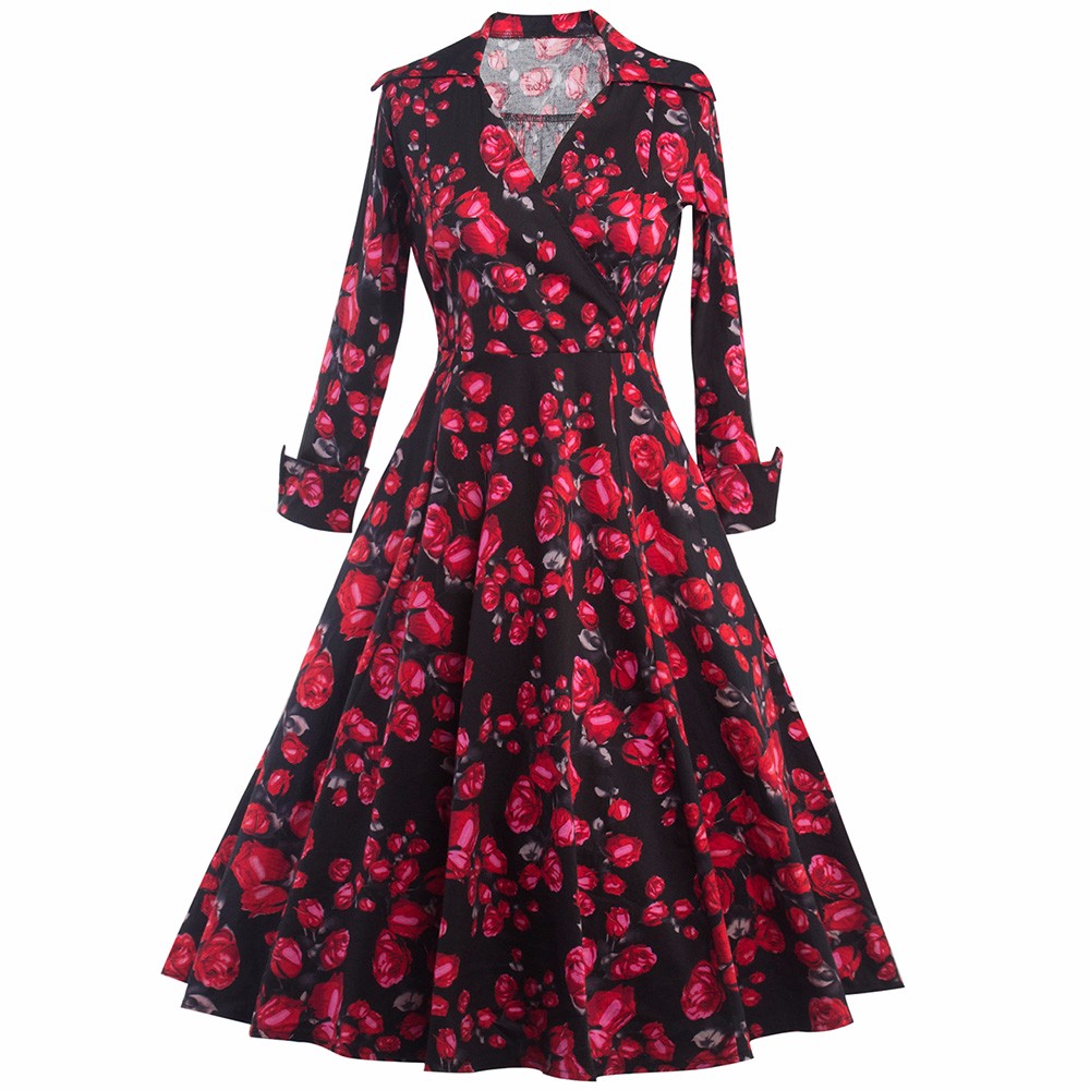 ZAFUL-2017New-34-Cuff-Sleeves-Women-Rose-Flower-Print-Vintage-Dress-Party-Prom-Swing-Rockabilly-Retr-32772977711