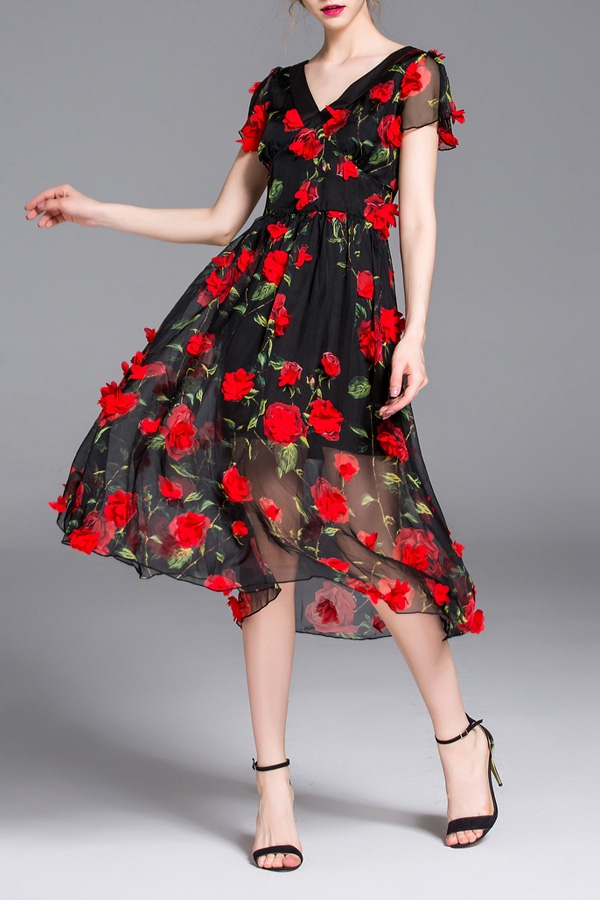 ZAFUL-Brand-Women-Summer-Cocktail-Party-Flower-Dress-Elegant-A-Line-Rose-Floral-Mid-Calf-Appliques-D-32795239055