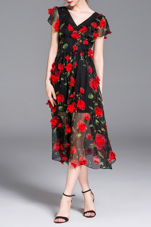 ZAFUL-Brand-Women-Summer-Cocktail-Party-Flower-Dress-Elegant-A-Line-Rose-Floral-Mid-Calf-Appliques-D-32795239055