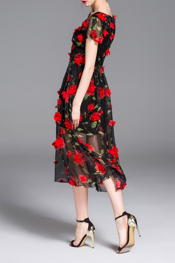 ZAFUL-Brand-Women-Summer-Cocktail-Party-Flower-Dress-Elegant-A-Line-Rose-Floral-Mid-Calf-Appliques-D-32795239055