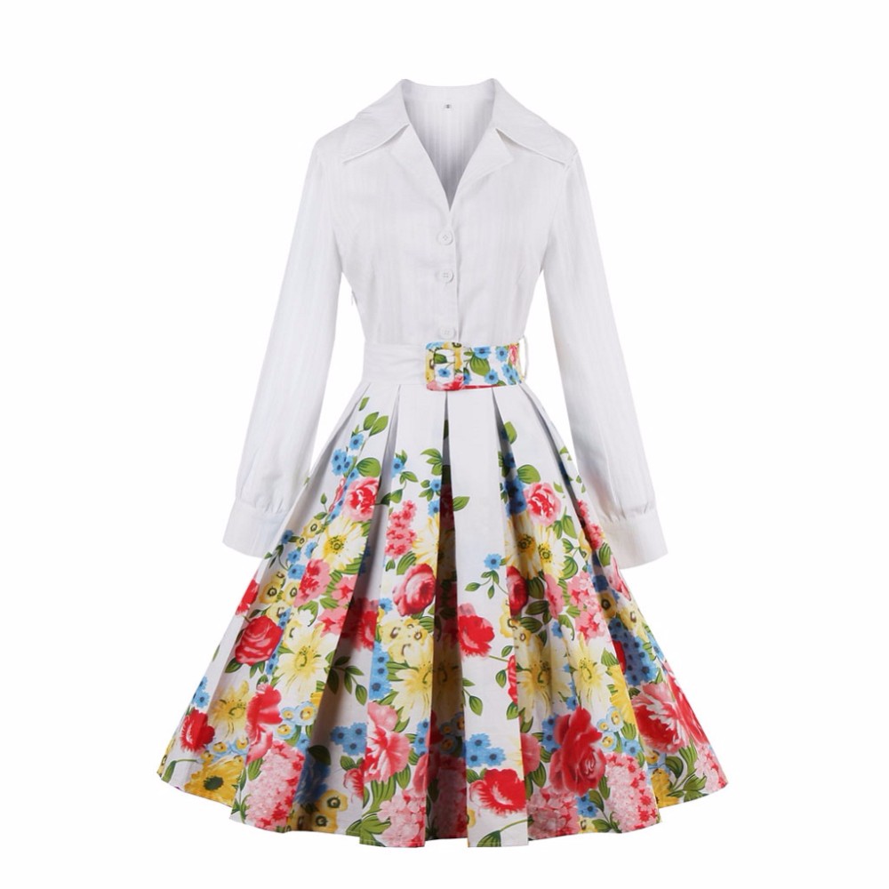 ZAFUL-Floral-Print-Cotton-Women-White-Dress-Long-Sleeves-Belts-Party-Ball-Gown-Plus-Size-Retro-Swing-32753735192