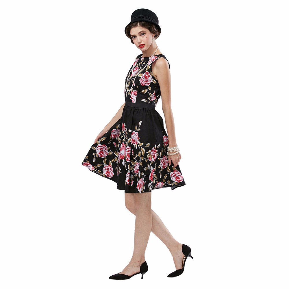 ZAFUL-L4XL-Black-Rose-Floral-Summer-Women-Dress-Aurdey-Vintage-o-neck-sleeveless-Dress-ball-gown-Cas-32716729914