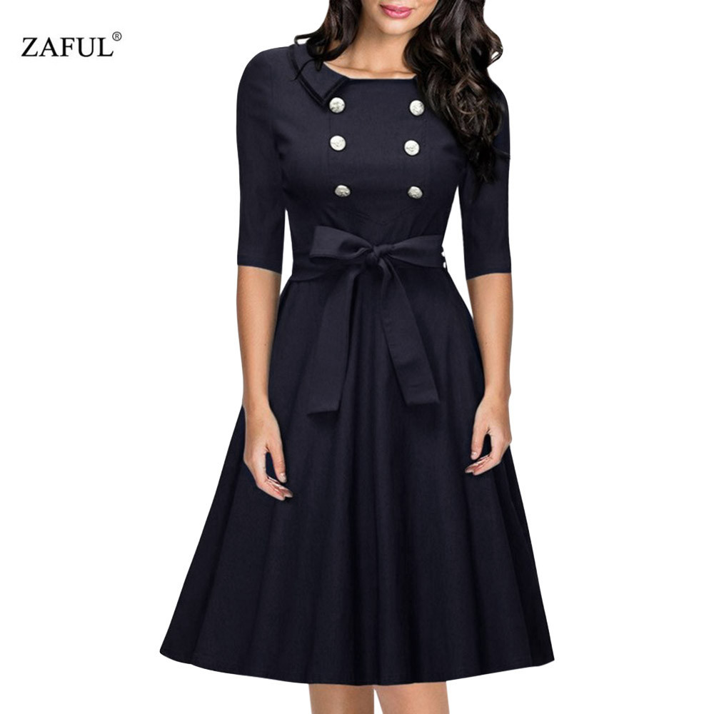 ZAFUL-New-Women-Retro-Dress-Audery-Vintage-Elegant-1950S-60S-half-Sleeve-Big-Hem-button-Party-Dresse-32748276014