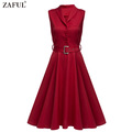 ZAFUL-Plus-Size-Women-Elegant-Sleeveless-Belts-Dress-Solid-Color-Turn-down-Collar-Cotton-Female-Vint-32746010569