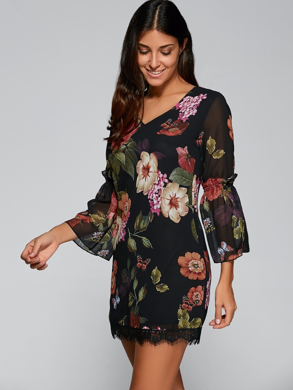 ZAFUL-Sexy-Women-V-Neck-Black-Floral-Bohemian-Dress-34-Sleeved-thin-Chiffon-See-through-Feminino-Ves-32790662621