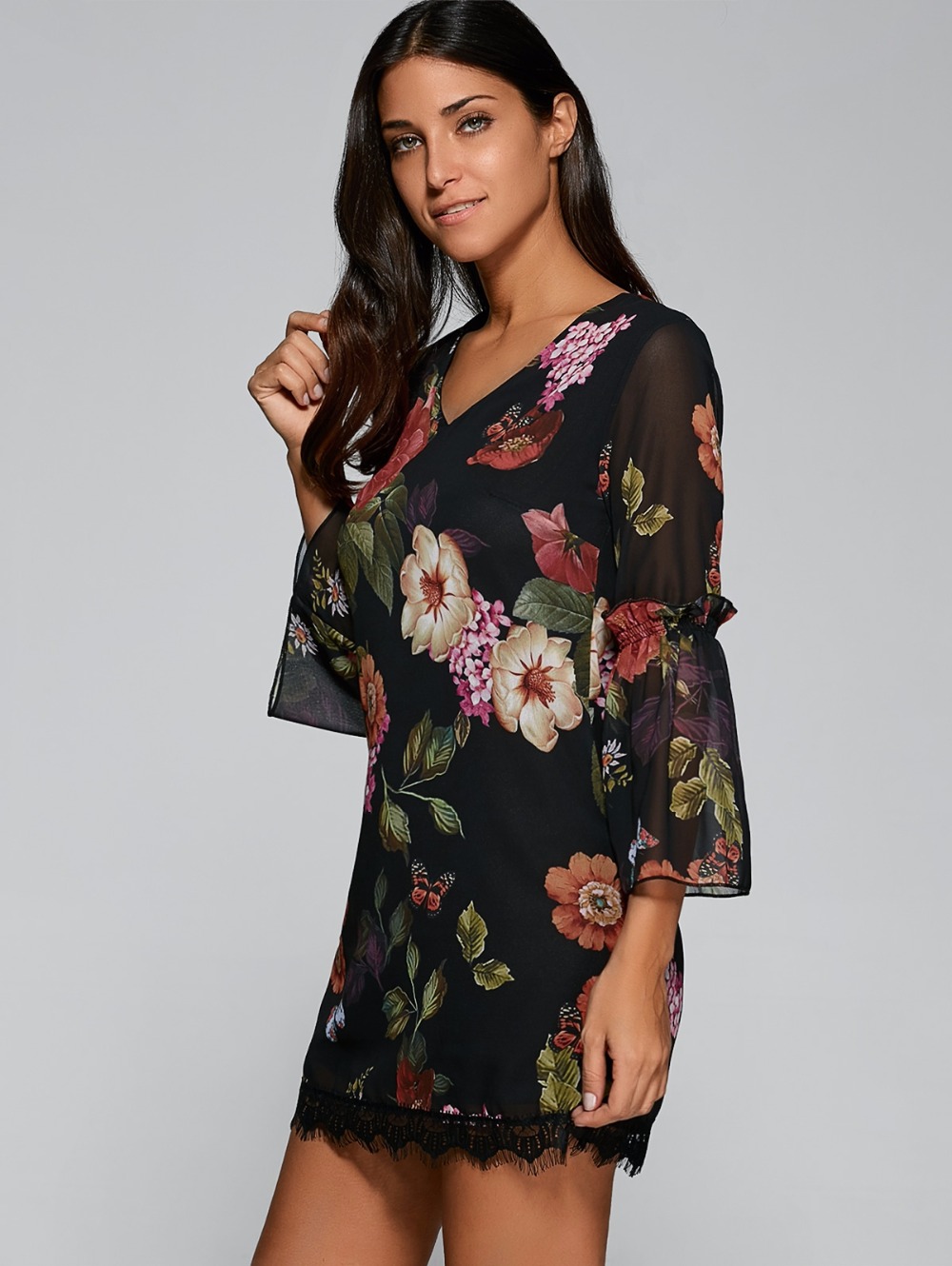 ZAFUL-Sexy-Women-V-Neck-Black-Floral-Bohemian-Dress-34-Sleeved-thin-Chiffon-See-through-Feminino-Ves-32790662621