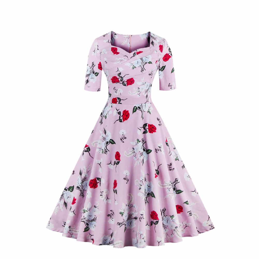 ZAFUL-Spring-Women-Plus-Size-4XL-Cotton-Stretchy-Floral-Print-Vintage-Retro-Dress-Square-Collar-Swin-32753751659