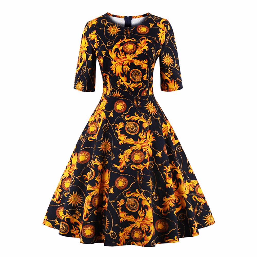 ZAFUL-Women-O-Neck-Half-Sleeves-A-line-50s-60s-Audrey-Vintage-Dress-Tropical-Ethnic-Floral-Feminino--32773691525