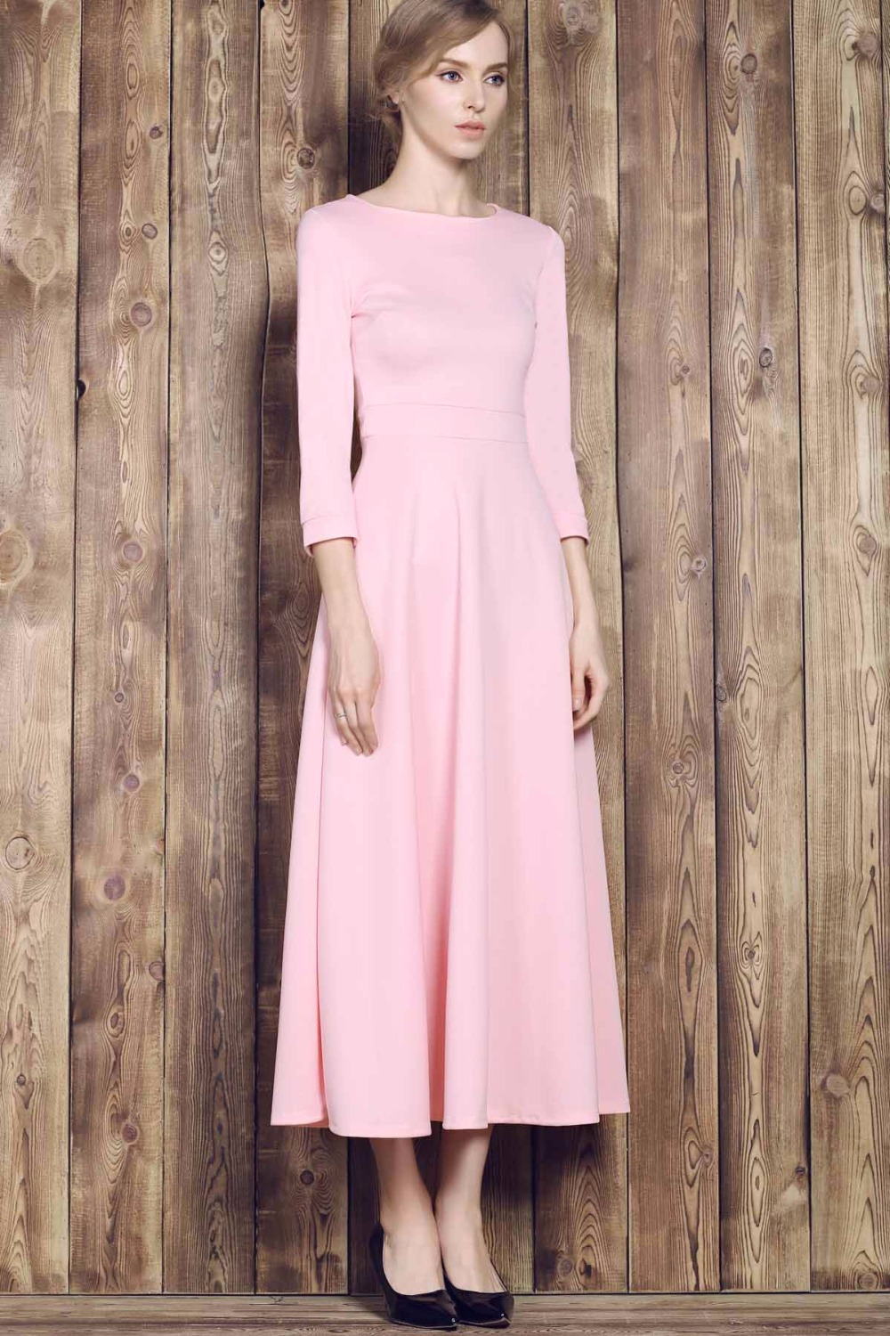 ZAFUL-Women-Pink-Party-Dress-A-line-Vintage-Dress-High-Waist-34-Sleeves-Big-Swing-Elegant-Feminino-V-32789366244