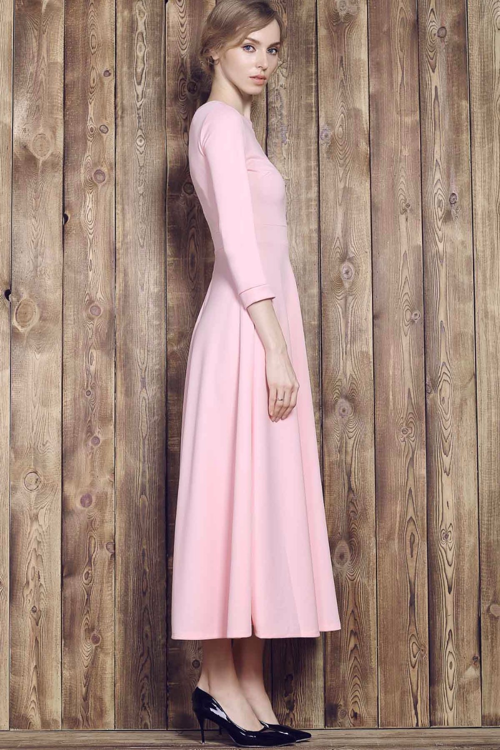 ZAFUL-Women-Pink-Party-Dress-A-line-Vintage-Dress-High-Waist-34-Sleeves-Big-Swing-Elegant-Feminino-V-32789366244