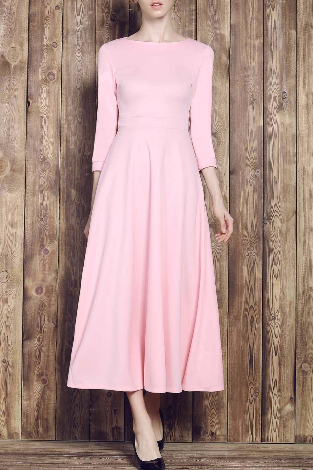 ZAFUL-Women-Pink-Party-Dress-A-line-Vintage-Dress-High-Waist-34-Sleeves-Big-Swing-Elegant-Feminino-V-32789366244