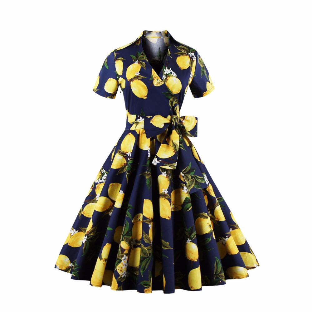 ZAFUL-Women-Plus-Size-Vintage-Dress-Lemon-Dot-Polka-Print-Retro-50s-Swing-Belts-S4XL-Feminino-Vestid-32760624172