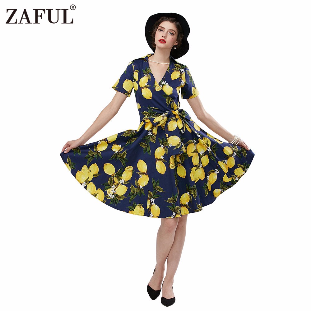 ZAFUL-Women-Plus-Size-Vintage-Dress-Lemon-Dot-Polka-Print-Retro-50s-Swing-Belts-S4XL-Feminino-Vestid-32760624172