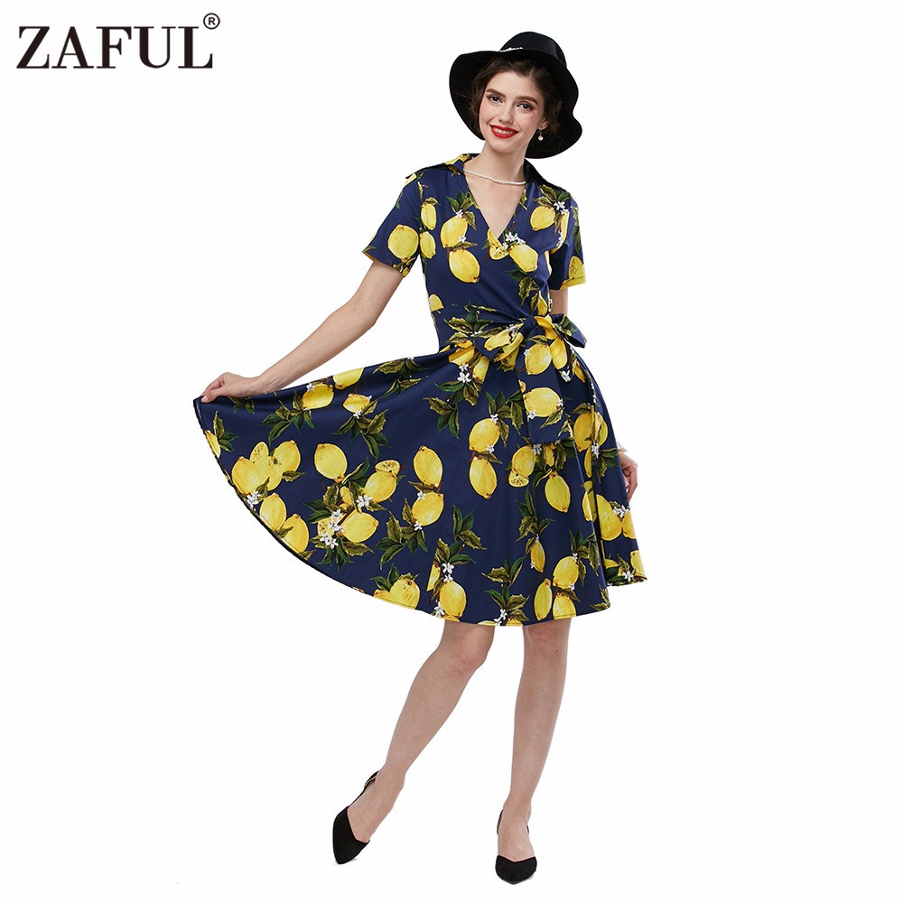 ZAFUL-Women-Plus-Size-Vintage-Dress-Lemon-Dot-Polka-Print-Retro-50s-Swing-Belts-S4XL-Feminino-Vestid-32760624172