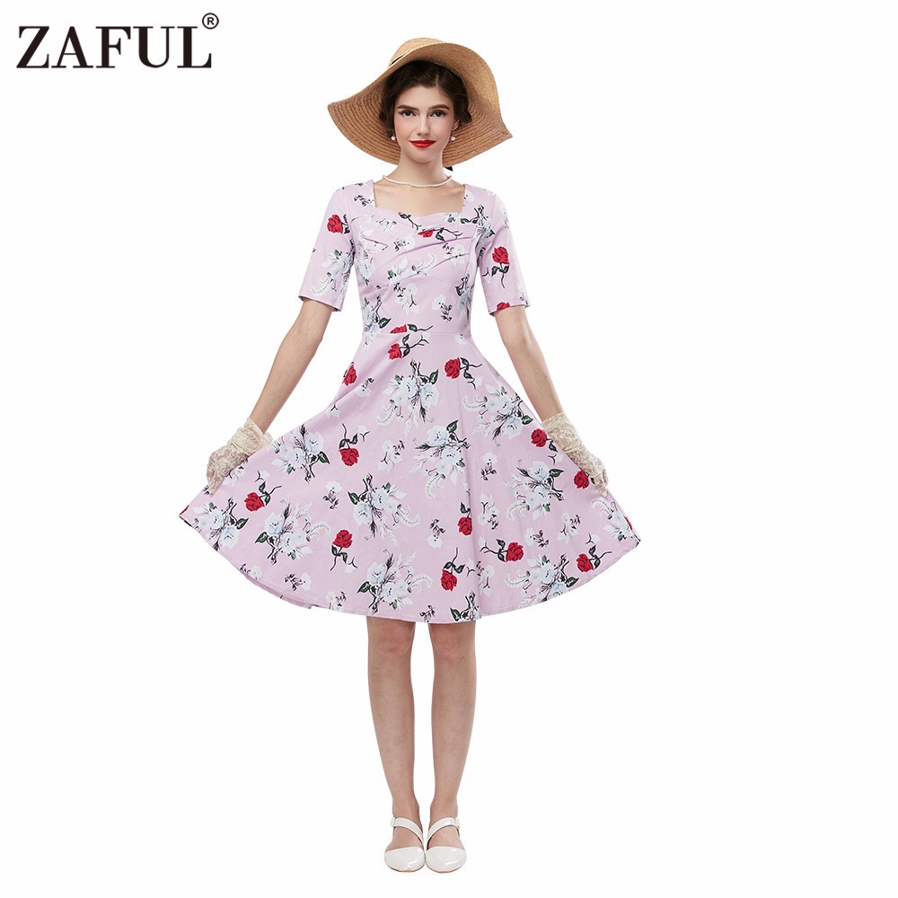 ZAFUL-Women-plus-size-clothing-Audrey-hepburn-50s-Vintage-Flower-Print-robe-pink-feminino-Ball-Gown--32755924080