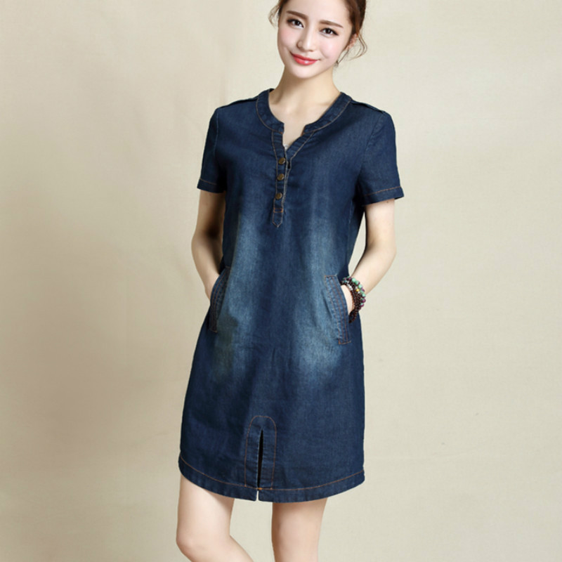 fashion-Europe-2016-new-female-denim-dress-thin-cotton-short-sleeved-Summer-Spring-slim-pure-color-n-32681267029