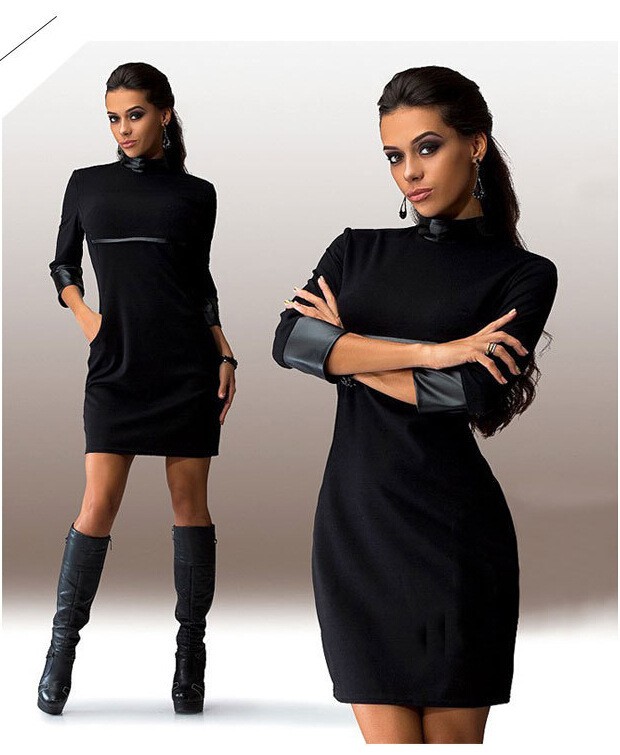 vestidos-new-2015-free-shipping-3-colors-Turtlenecks-Spring-and-Summer-dress-fashion-three-quarte-PU-32611365003