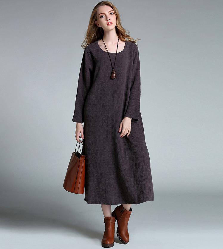 xl-4xl-Plus-Size-Long-Women-Dresses-Simple-Pure-Color-Cotton-Long-Sleeve-Round-Neck-Mid-calf-Pockets-32749766278