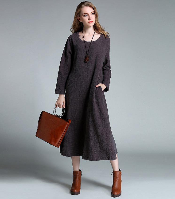 xl-4xl-Plus-Size-Long-Women-Dresses-Simple-Pure-Color-Cotton-Long-Sleeve-Round-Neck-Mid-calf-Pockets-32749766278