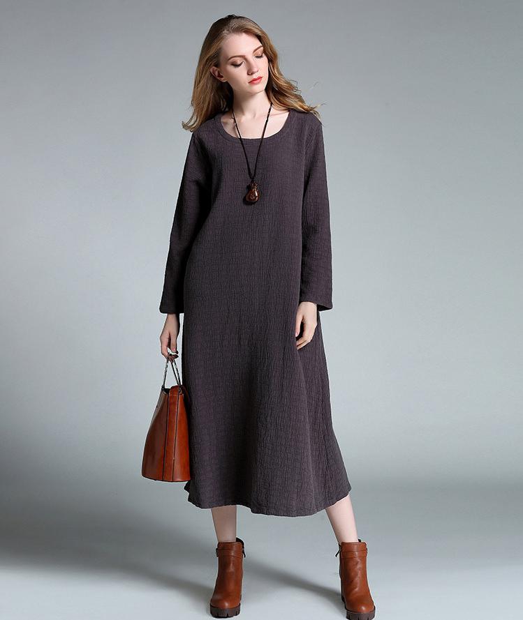 xl-4xl-Plus-Size-Long-Women-Dresses-Simple-Pure-Color-Cotton-Long-Sleeve-Round-Neck-Mid-calf-Pockets-32749766278