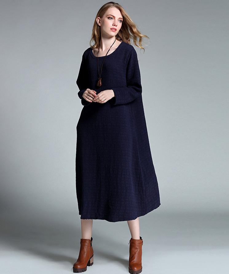 xl-4xl-Plus-Size-Long-Women-Dresses-Simple-Pure-Color-Cotton-Long-Sleeve-Round-Neck-Mid-calf-Pockets-32749766278