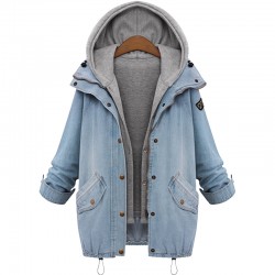 2016 Blue Hooded Drawstring Boyfriend Trends Jean Swish Pockets Two Piece Outerwear Women Denim Buttons Coat Jackets AWC0003