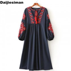 2016 autumn women bohemian elegant  vestidos lantern sleeve long dress national style floral embroidery casual party long dress