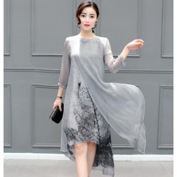 2017 New Summer Autumn Women Cotton Linen Long Dresses Irregular Folk Art Ink Print Casual Plus Size Slim Dress Retro Printing