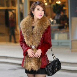 2017 Popular large raccoon fur collar Slim Leather grass Rex wool coat and long sections dignified atmosphere