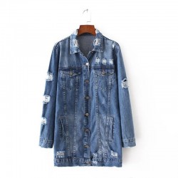 2017 Spring new arrival women outerwear denim jacket washing hole long sleeve fashion all-match women autumn base jacket coat